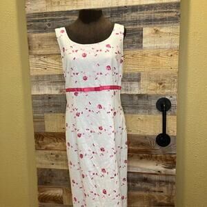 Sheri Martin New York Linen Dress w/ Pink Flower Embroidery, Size 14, NWT